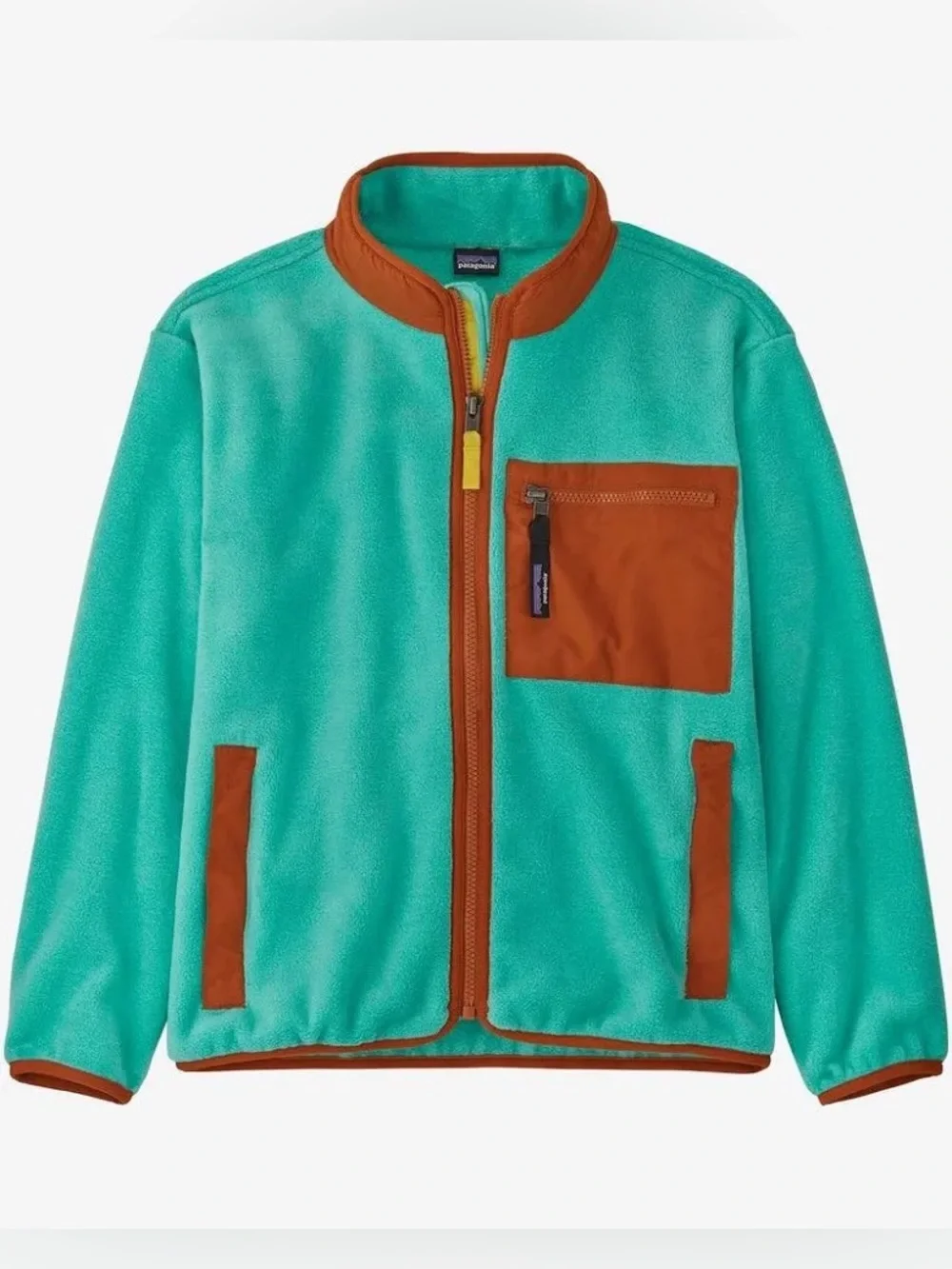 Patagonia Kids Synchilla Full Zip Jacket, Fresh Teal / Orange, Size XL (14)